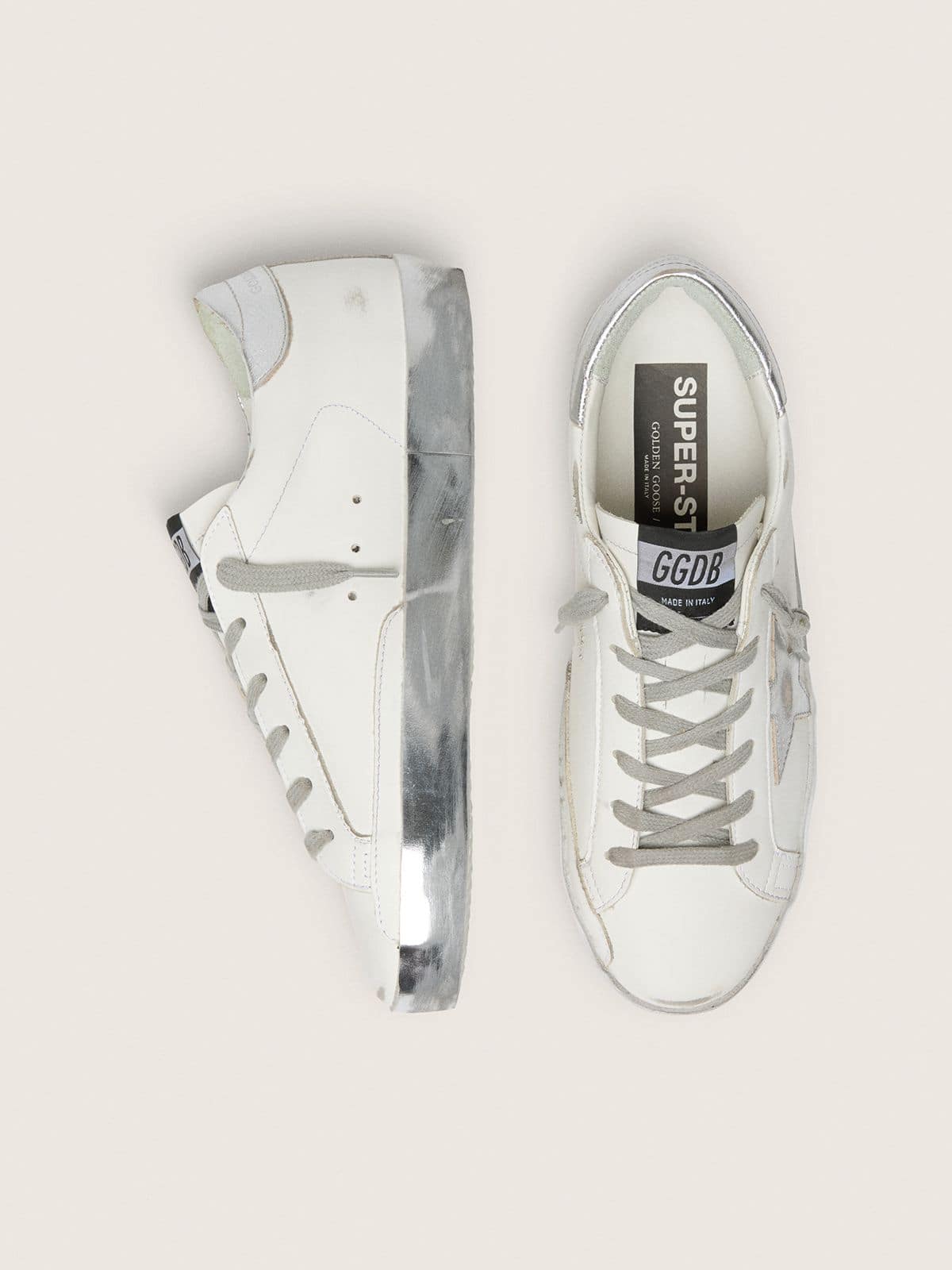 Golden Goose Womens Super-Star With Silver Sparkle Foxing And Metal Stud Lettering Womens