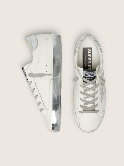 Golden Goose Womens Super-Star With Silver Sparkle Foxing And Metal Stud Lettering Womens