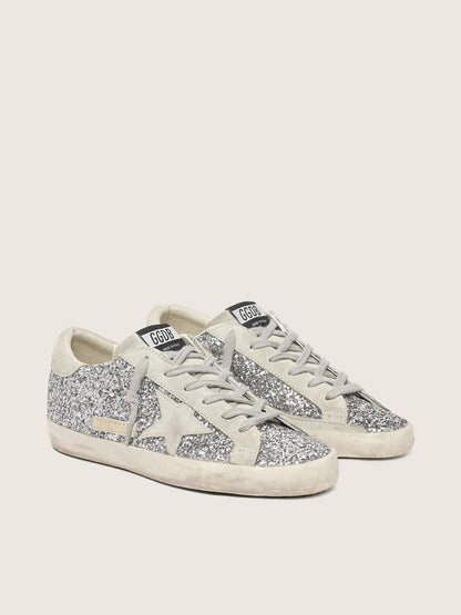 Golden Goose Womens Super-Star In Silver Glitter With Ice-Gray Suede Star Womens