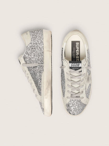 Golden Goose Womens Super-Star In Silver Glitter With Ice-Gray Suede Star Womens
