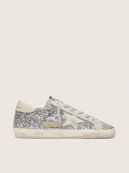 Golden Goose Womens Super-Star In Silver Glitter With Ice-Gray Suede Star Womens