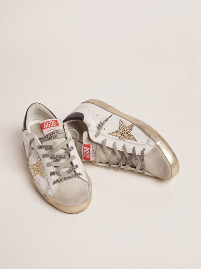 Golden Goose Womens Super-Star With Blue Heel Tab And Swarovski Crystal Star Womens