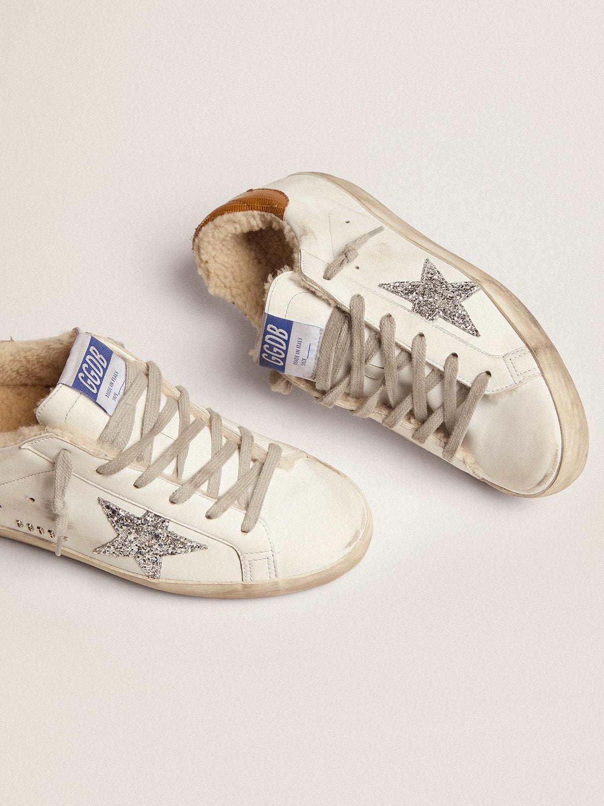 Golden Goose Womens Super-Star With Shearling Lining And Silver Glitter Star Womens