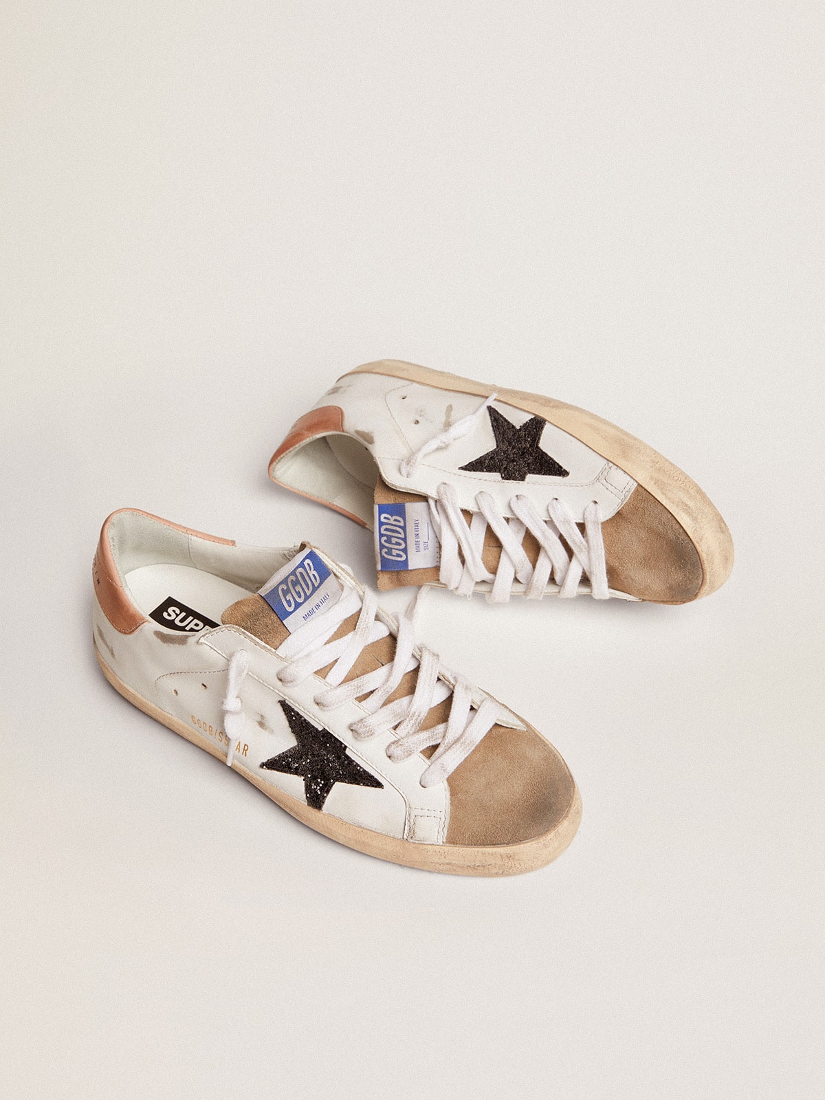 Golden Goose Womens Super-Star With Black Glitter Star And Pink Heel Tab Womens