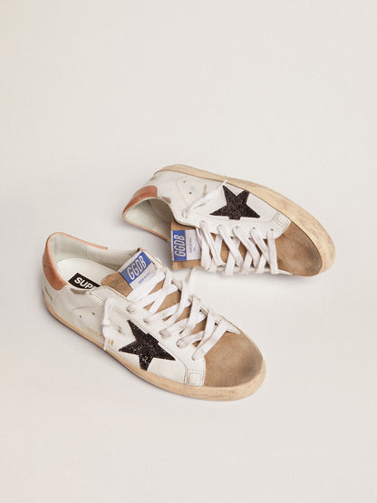 Golden Goose Womens Super-Star With Black Glitter Star And Pink Heel Tab Womens