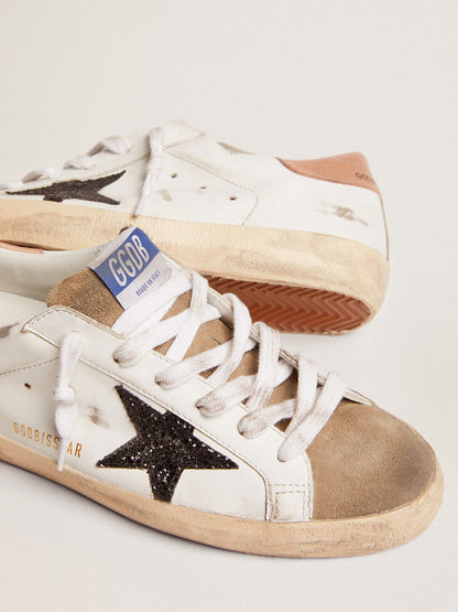 Golden Goose Womens Super-Star With Black Glitter Star And Pink Heel Tab Womens