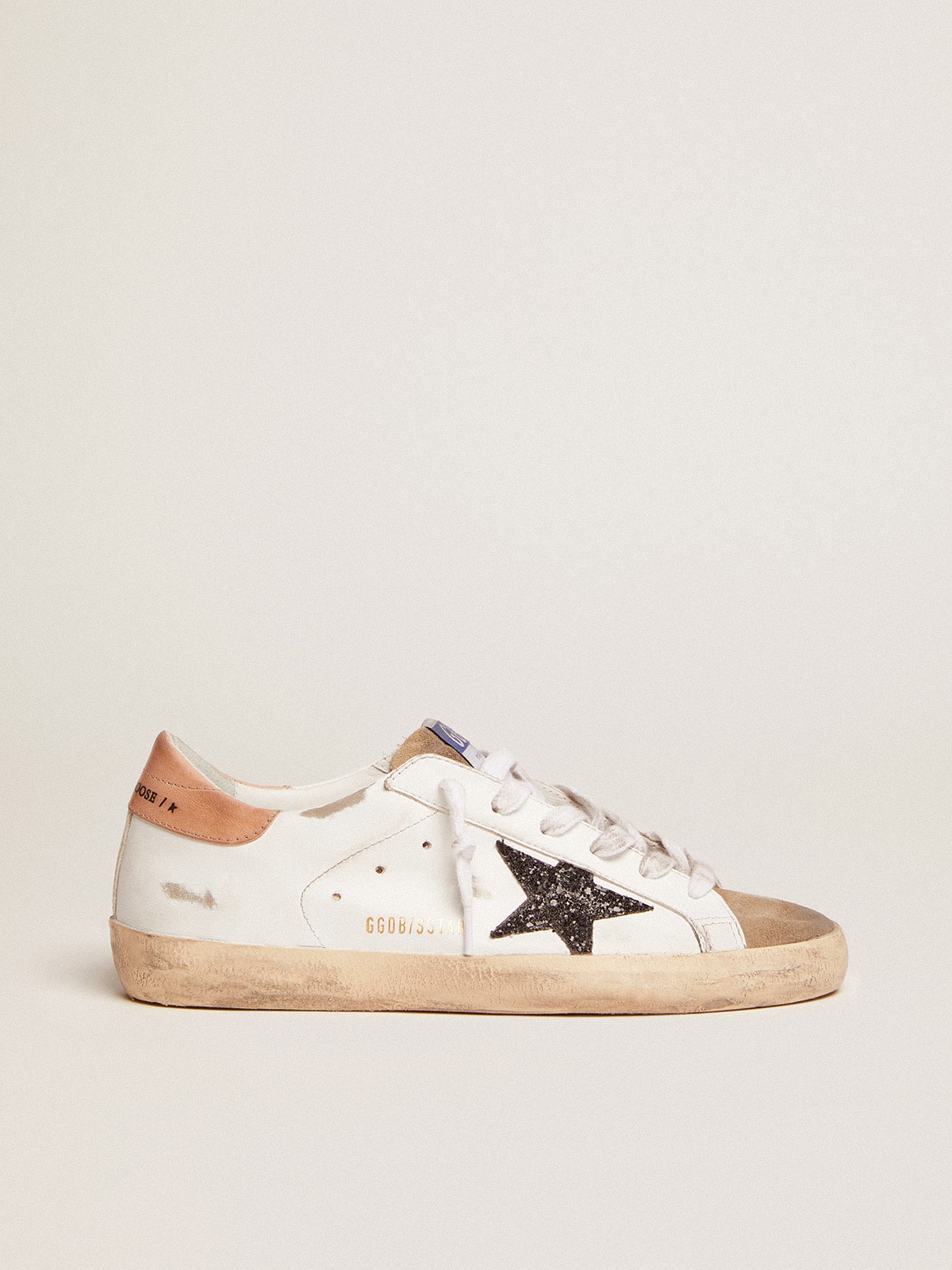 Golden Goose Womens Super-Star With Black Glitter Star And Pink Heel Tab Womens