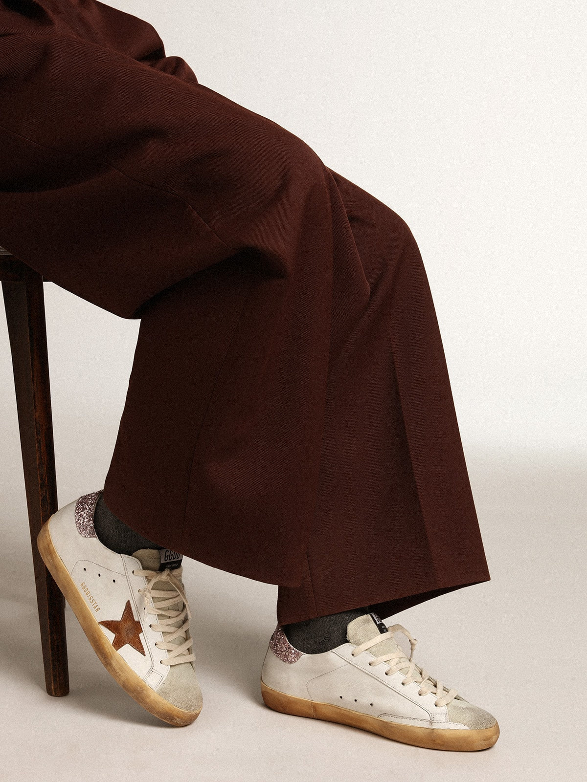 Golden Goose Super-Star With A Tan Star And Pink Glitter Heel Tab Womens