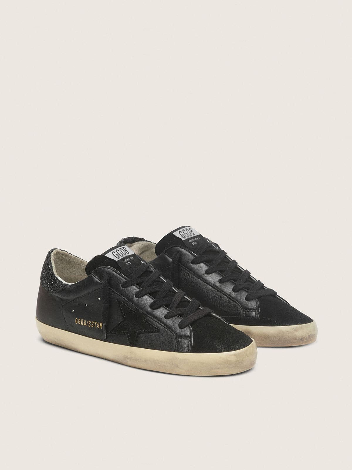 Golden Goose Womens Super-Star In Black Nappa With Black Star And Glitter Heel Tab Womens