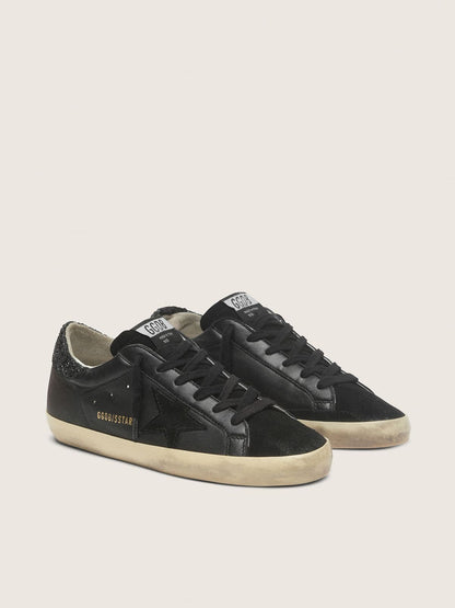 Golden Goose Womens Super-Star In Black Nappa With Black Star And Glitter Heel Tab Womens
