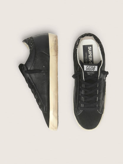 Golden Goose Womens Super-Star In Black Nappa With Black Star And Glitter Heel Tab Womens