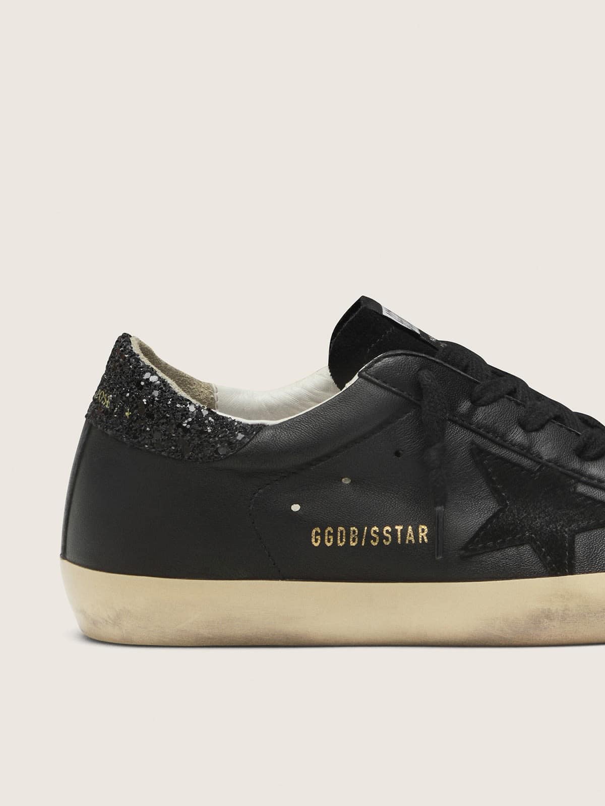 Golden Goose Womens Super-Star In Black Nappa With Black Star And Glitter Heel Tab Womens