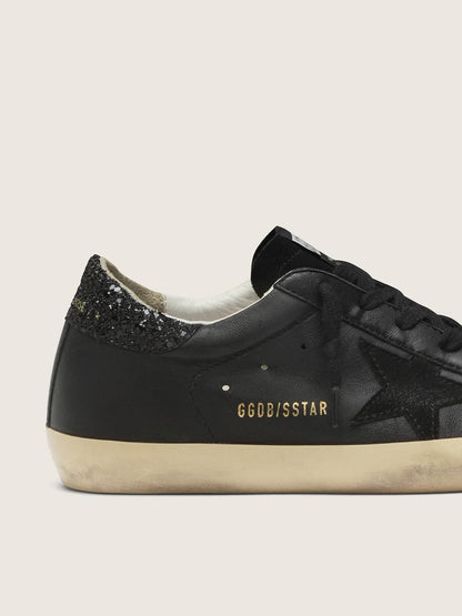 Golden Goose Womens Super-Star In Black Nappa With Black Star And Glitter Heel Tab Womens