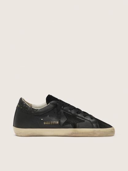 Golden Goose Womens Super-Star In Black Nappa With Black Star And Glitter Heel Tab Womens