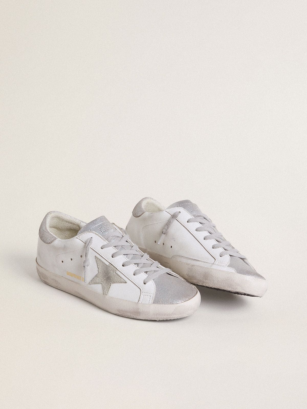 Golden Goose Womens Super-Star With Gray Suede Star And Silver Glitter Inserts Womens