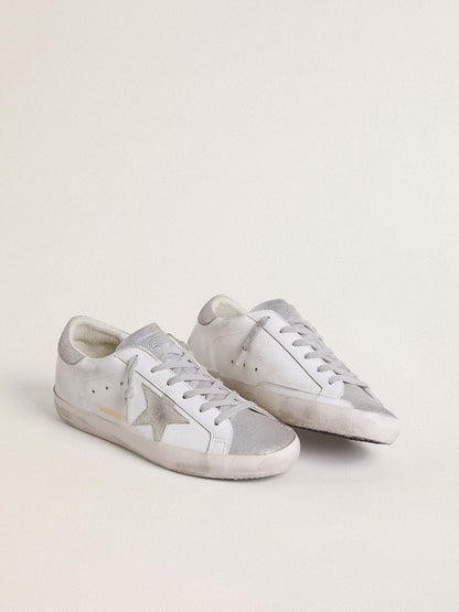 Golden Goose Womens Super-Star With Gray Suede Star And Silver Glitter Inserts Womens