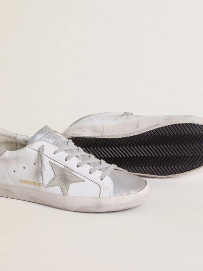 Golden Goose Womens Super-Star With Gray Suede Star And Silver Glitter Inserts Womens