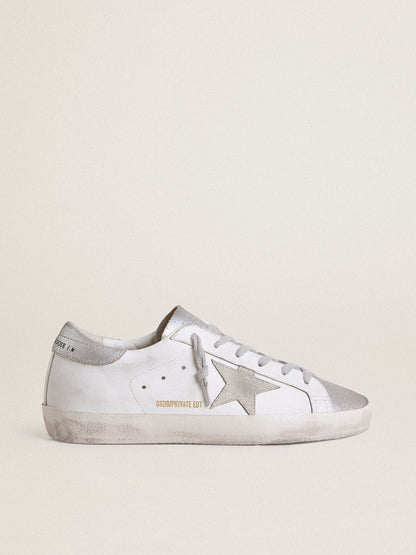 Golden Goose Womens Super-Star With Gray Suede Star And Silver Glitter Inserts Womens