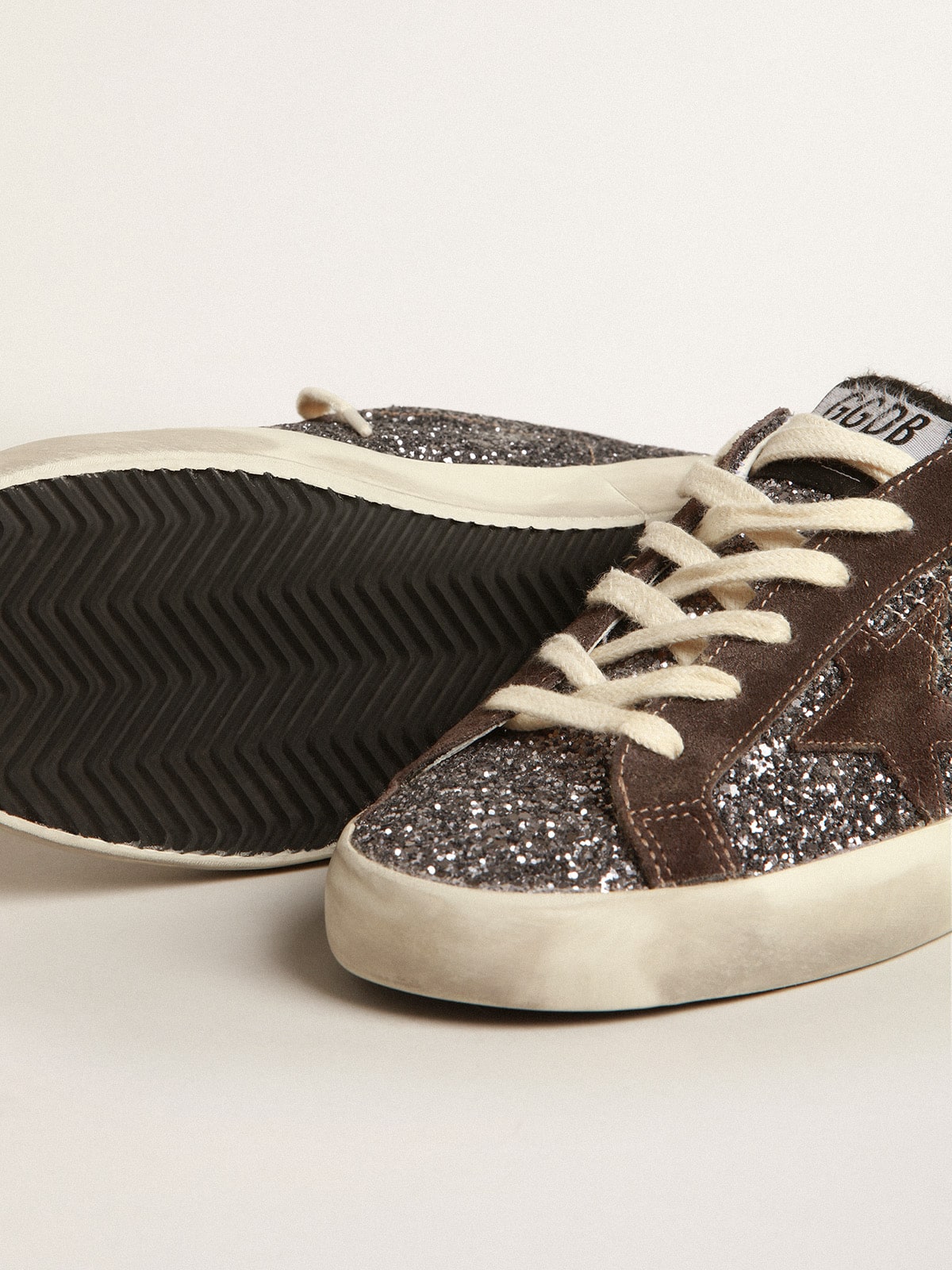 Golden Goose Super-Star In Glitter With A Brown Star And Lilac Heel Tab Womens