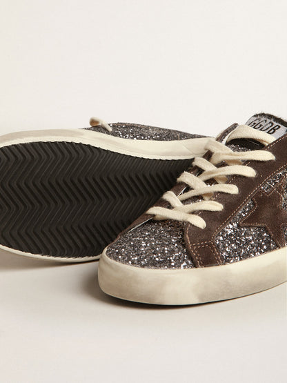 Golden Goose Super-Star In Glitter With A Brown Star And Lilac Heel Tab Womens