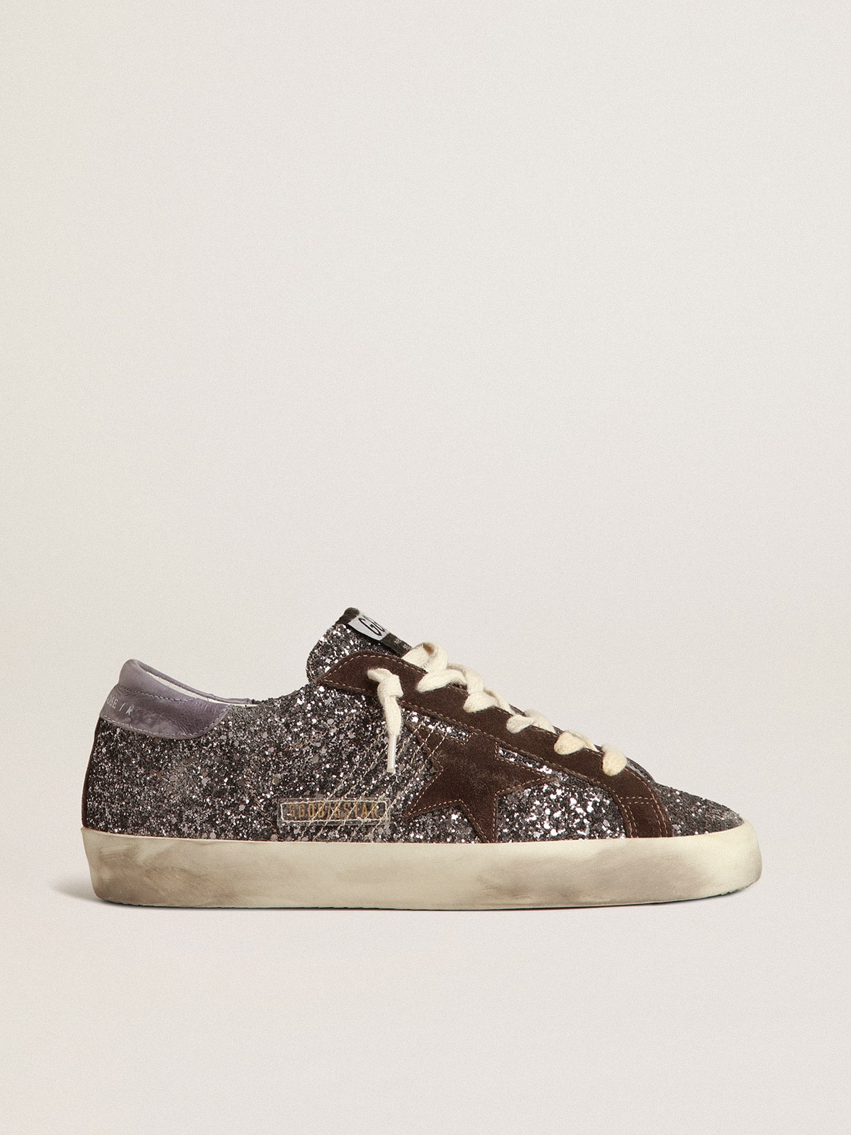 Golden Goose Super-Star In Glitter With A Brown Star And Lilac Heel Tab Womens