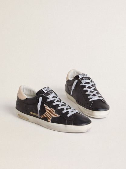 Golden Goose Womens Super-Star In Black Nappa Leather With Zebra-Print Pony Skin Star And Beige Leather Heel Tab Womens