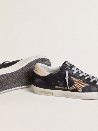 Golden Goose Womens Super-Star In Black Nappa Leather With Zebra-Print Pony Skin Star And Beige Leather Heel Tab Womens