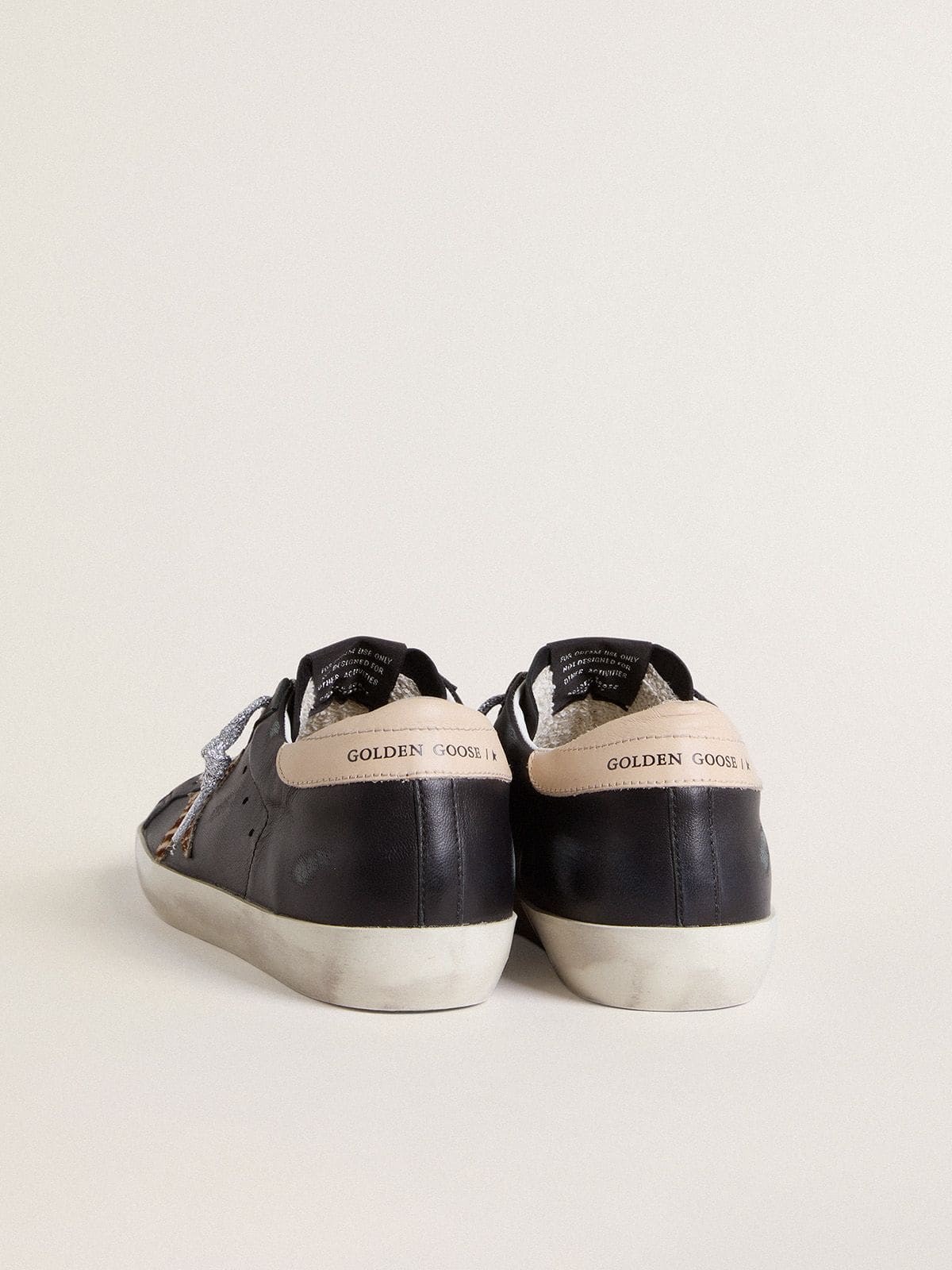 Golden Goose Womens Super-Star In Black Nappa Leather With Zebra-Print Pony Skin Star And Beige Leather Heel Tab Womens