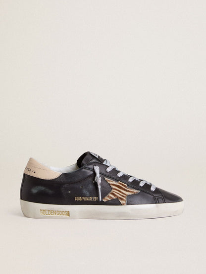 Golden Goose Womens Super-Star In Black Nappa Leather With Zebra-Print Pony Skin Star And Beige Leather Heel Tab Womens
