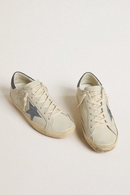 Golden Goose Super-Star With Cream-Colored Leather Star With Swarovski Crystals And Blue Leather Heel Tab With Lizard Print Womens
