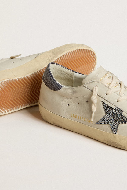 Golden Goose Super-Star With Cream-Colored Leather Star With Swarovski Crystals And Blue Leather Heel Tab With Lizard Print Womens