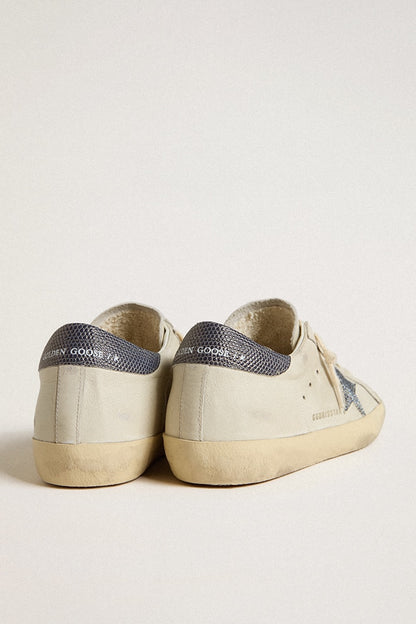 Golden Goose Super-Star With Cream-Colored Leather Star With Swarovski Crystals And Blue Leather Heel Tab With Lizard Print Womens