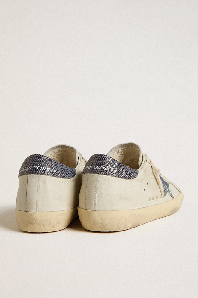 Golden Goose Super-Star With Cream-Colored Leather Star With Swarovski Crystals And Blue Leather Heel Tab With Lizard Print Womens
