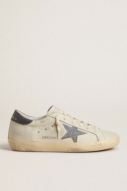 Golden Goose Super-Star With Cream-Colored Leather Star With Swarovski Crystals And Blue Leather Heel Tab With Lizard Print Womens