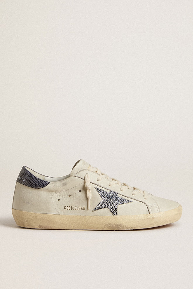Golden Goose Super-Star With Cream-Colored Leather Star With Swarovski Crystals And Blue Leather Heel Tab With Lizard Print Womens