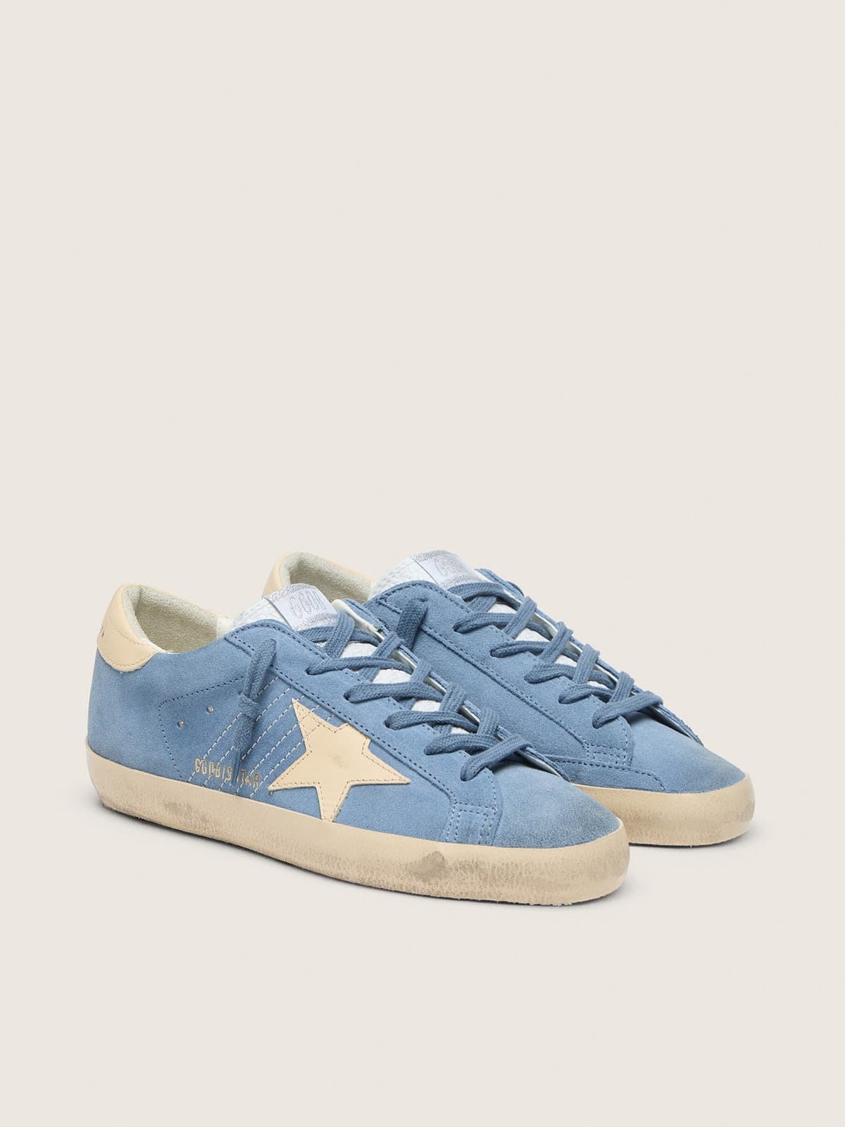 Golden Goose Super-Star In Light Blue Suede With Beige Leather Star And Heel Tab Womens