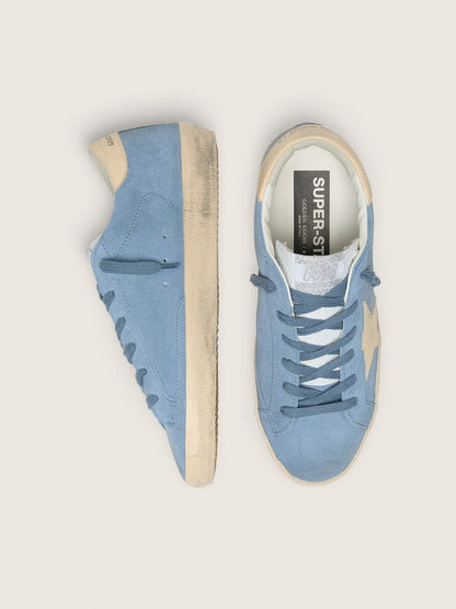 Golden Goose Super-Star In Light Blue Suede With Beige Leather Star And Heel Tab Womens