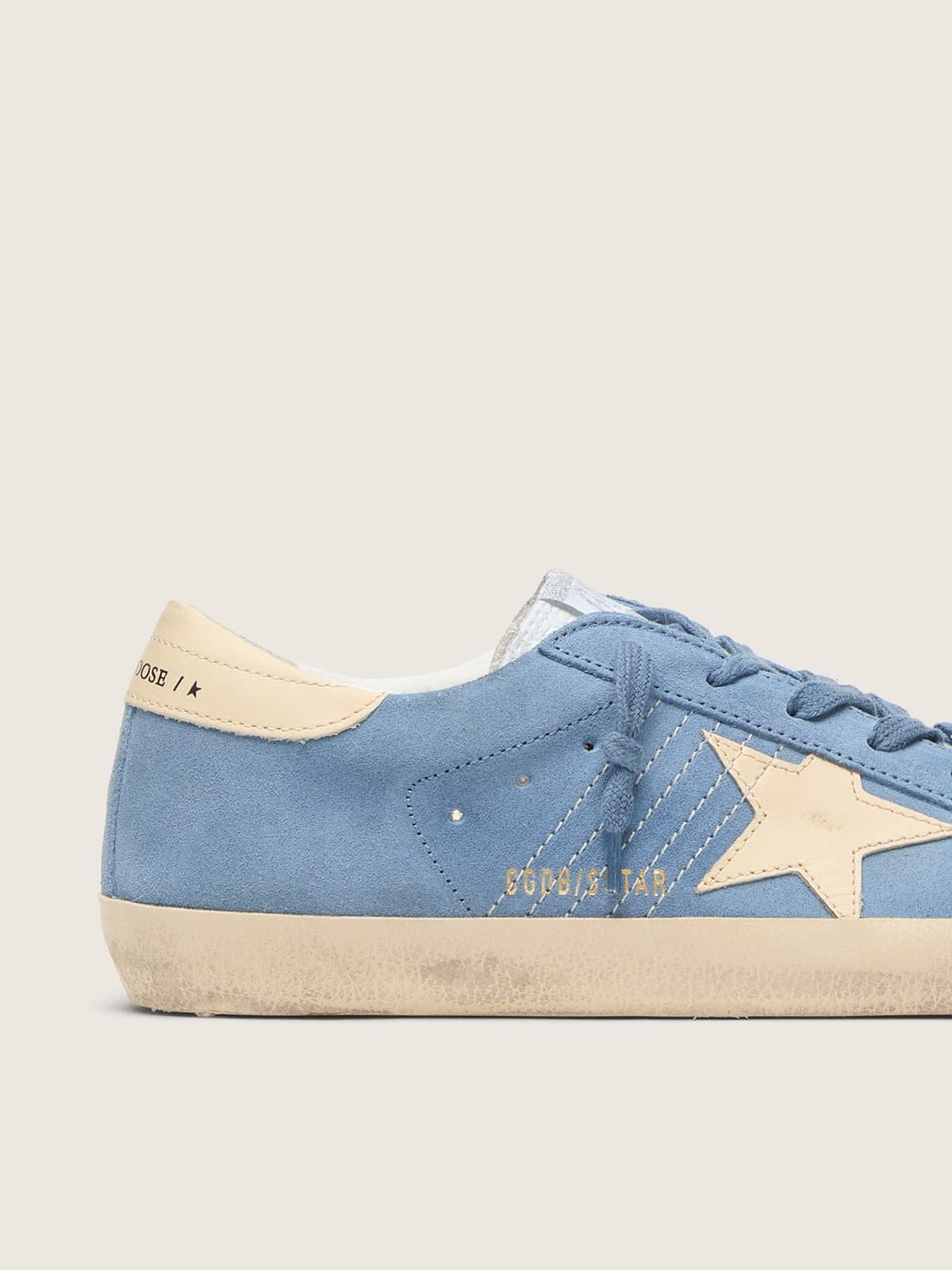 Golden Goose Super-Star In Light Blue Suede With Beige Leather Star And Heel Tab Womens