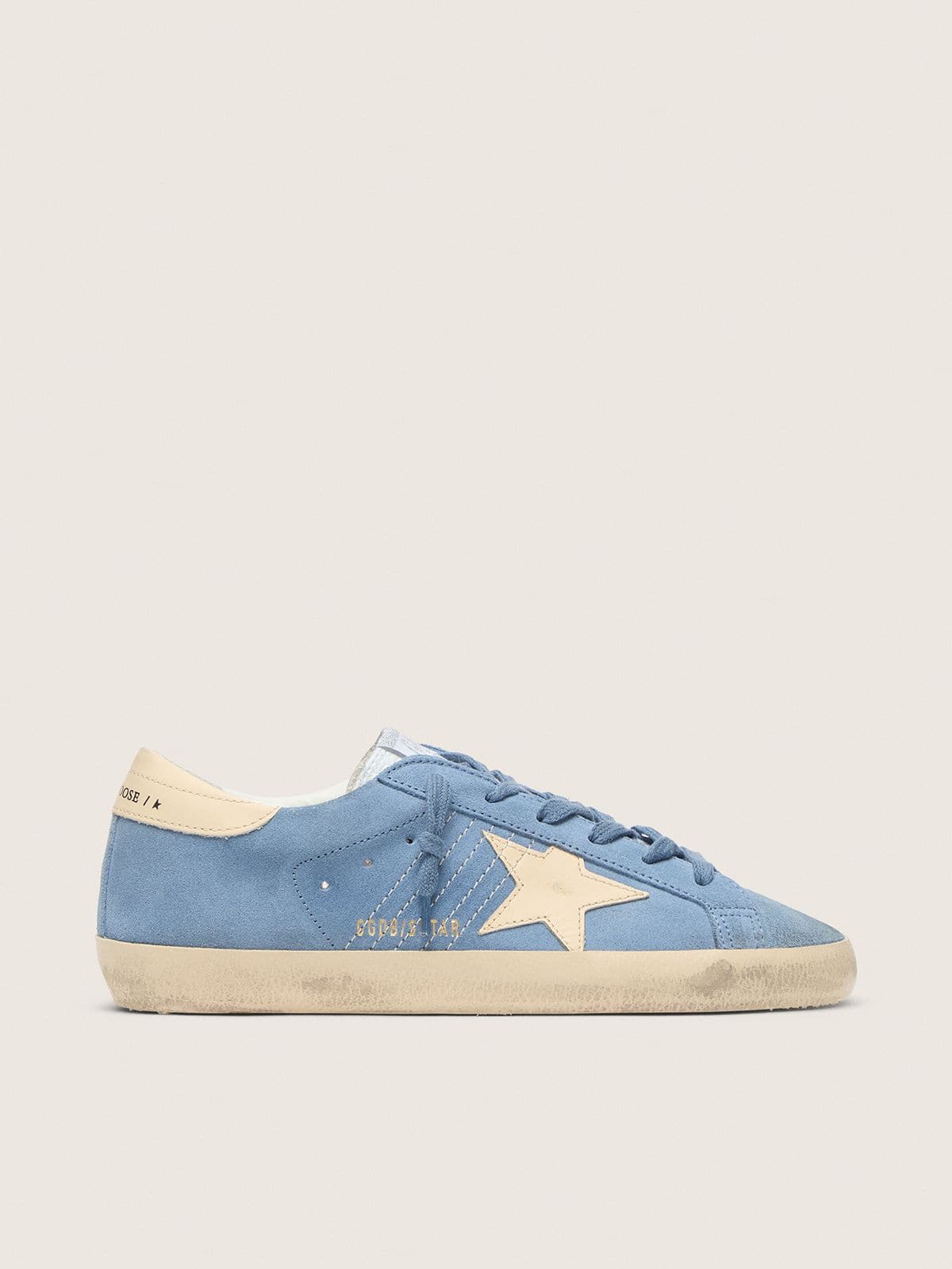 Golden Goose Super-Star In Light Blue Suede With Beige Leather Star And Heel Tab Womens