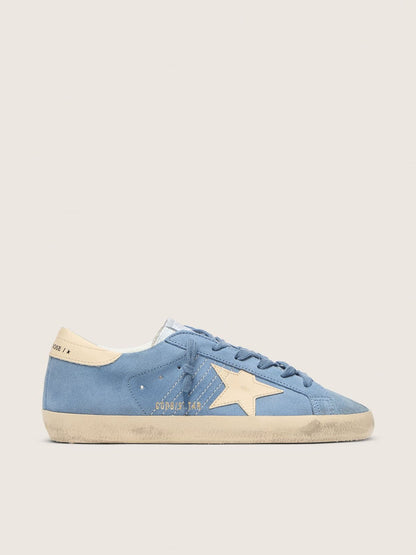 Golden Goose Super-Star In Light Blue Suede With Beige Leather Star And Heel Tab Womens