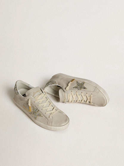 Golden Goose Womens Super-Star In Ivory Nappa Leather With Platinum Glitter Star And Heel Tab Womens