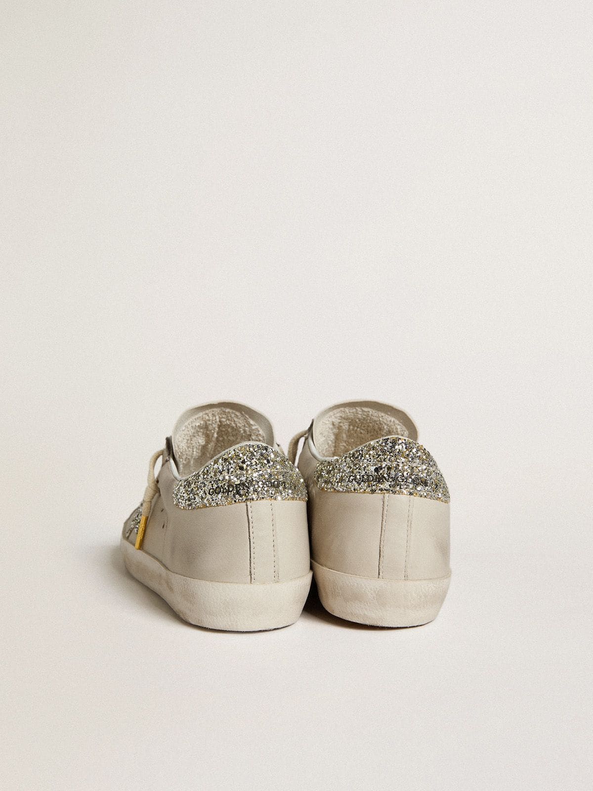 Golden Goose Womens Super-Star In Ivory Nappa Leather With Platinum Glitter Star And Heel Tab Womens