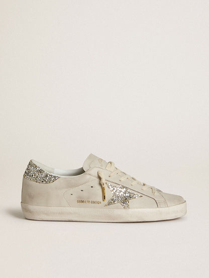 Golden Goose Womens Super-Star In Ivory Nappa Leather With Platinum Glitter Star And Heel Tab Womens