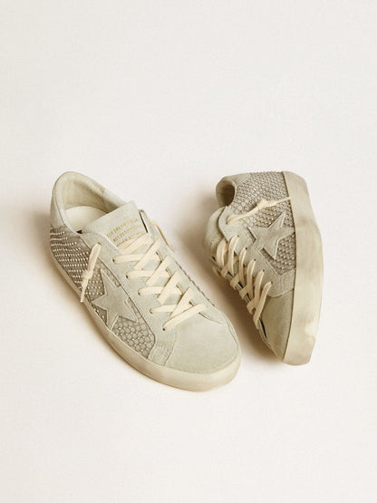 Golden Goose Womens Super-Star With Gray Suede Star And Swarovski Crystal Mesh Womens