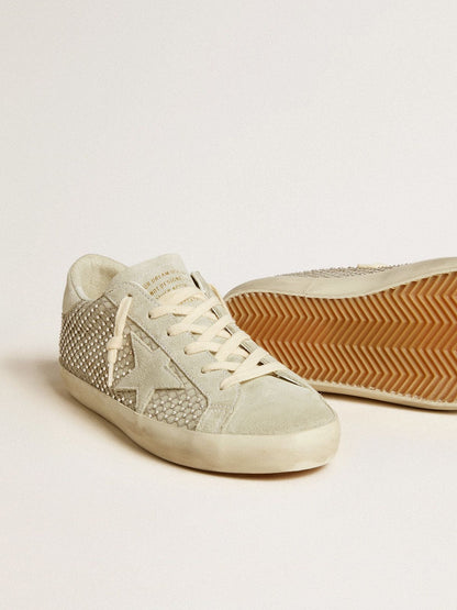 Golden Goose Womens Super-Star With Gray Suede Star And Swarovski Crystal Mesh Womens