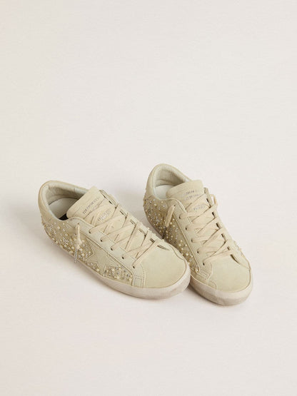 Golden Goose Womens Super-Star In Beige Suede With Pearls And Swarovski Crystals Womens