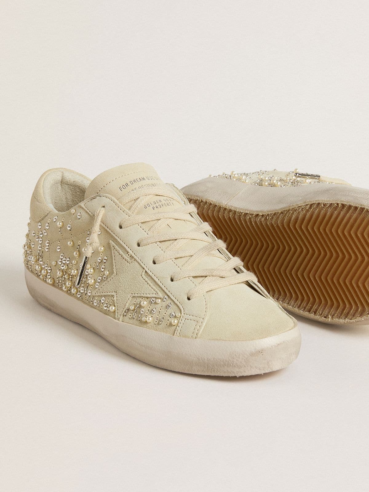 Golden Goose Womens Super-Star In Beige Suede With Pearls And Swarovski Crystals Womens