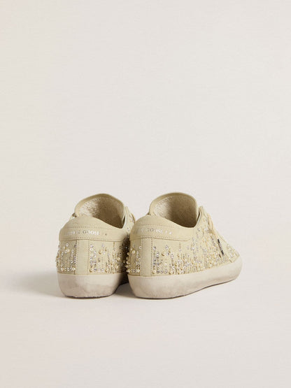 Golden Goose Womens Super-Star In Beige Suede With Pearls And Swarovski Crystals Womens