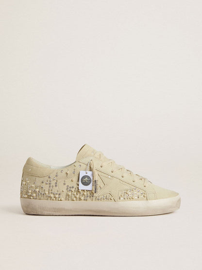 Golden Goose Womens Super-Star In Beige Suede With Pearls And Swarovski Crystals Womens