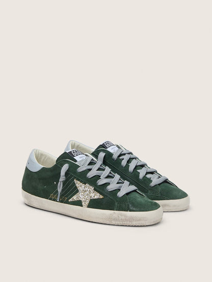 Golden Goose Womens Super-Star In Green Suede, Silver Glitter Star And Leather Heel Tab Womens
